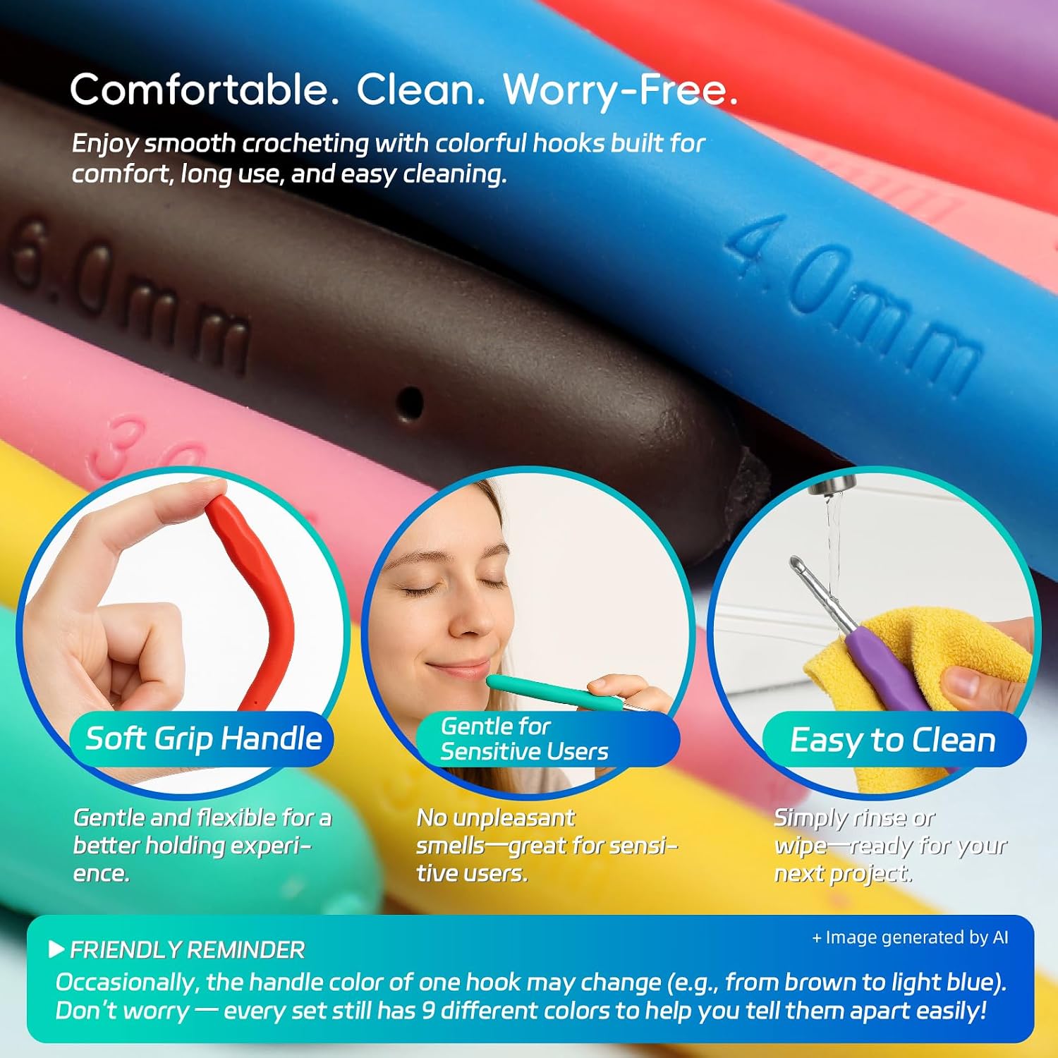 9PCS Ergonomic Crochet Hooks Set by Flickzo – Aluminum Crochet Hook Set with Soft Silicone Handles (2-6mm), Cr - view 4