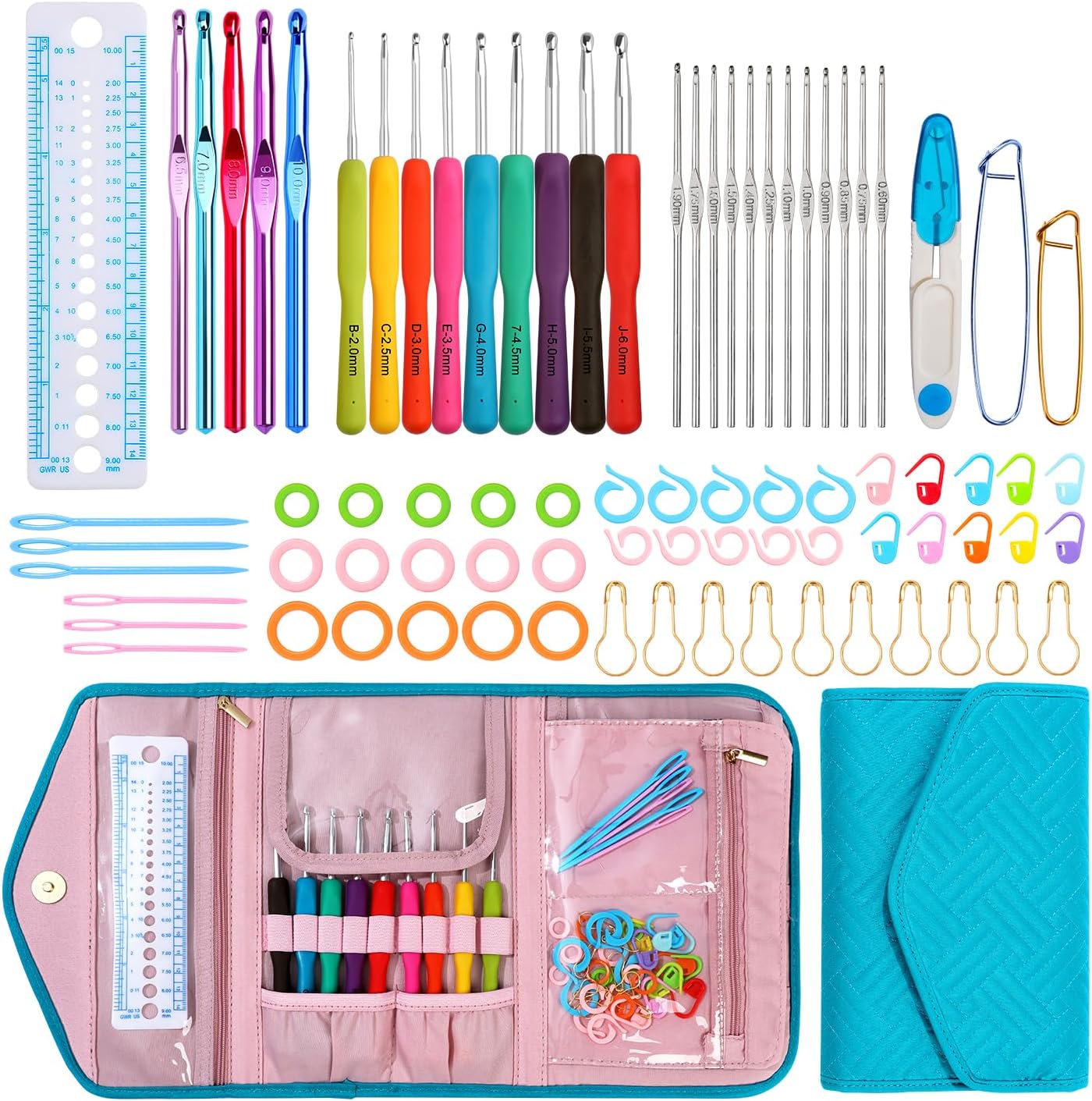 Blingcute Ergonomic Crochet Hook Set with Case, 82 PCS Crochet Starter Kit (0.6u201310mm), Aluminum Hooks wit