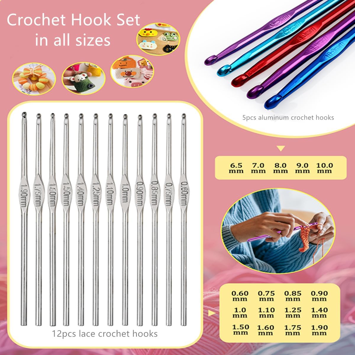 Blingcute Ergonomic Crochet Hook Set with Case, 82 PCS Crochet Starter Kit (0.6u201310mm), Aluminum Hooks wit - view 4