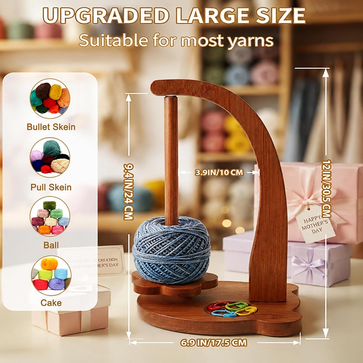 Blingcute Wooden Yarn Holder, 360° Rotating Stand for Crochet and Knitting | Bear-Shaped Yarn Stand, Anti-Tang - view 5