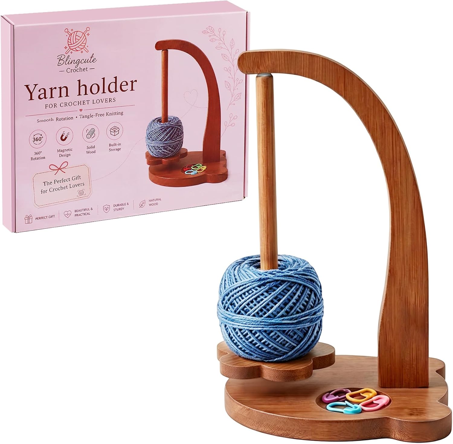 Blingcute Wooden Yarn Holder, 360° Rotating Stand for Crochet and Knitting | Bear-Shaped Yarn Stand, Anti-Tang