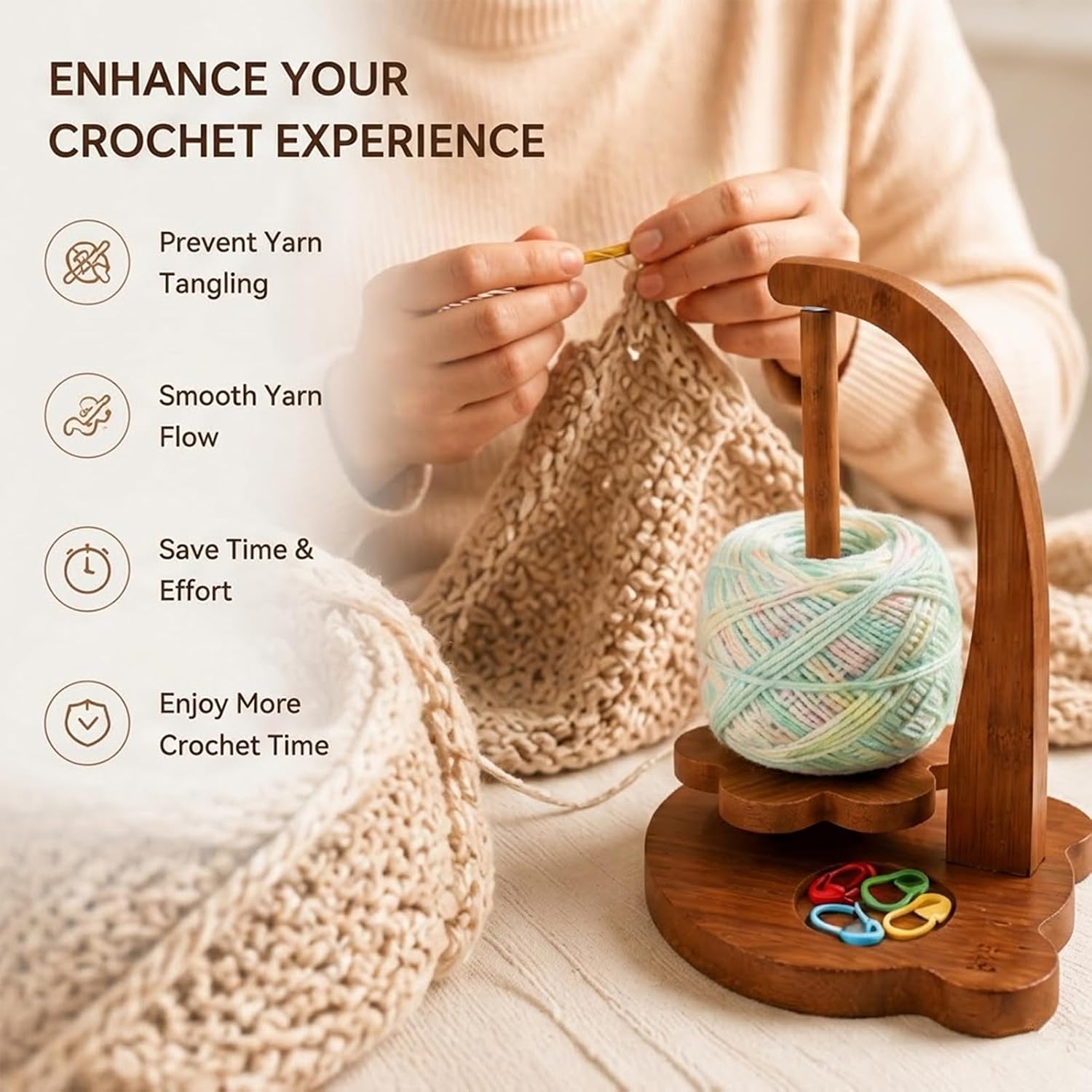 Blingcute Wooden Yarn Holder, 360° Rotating Stand for Crochet and Knitting | Bear-Shaped Yarn Stand, Anti-Tang - view 6