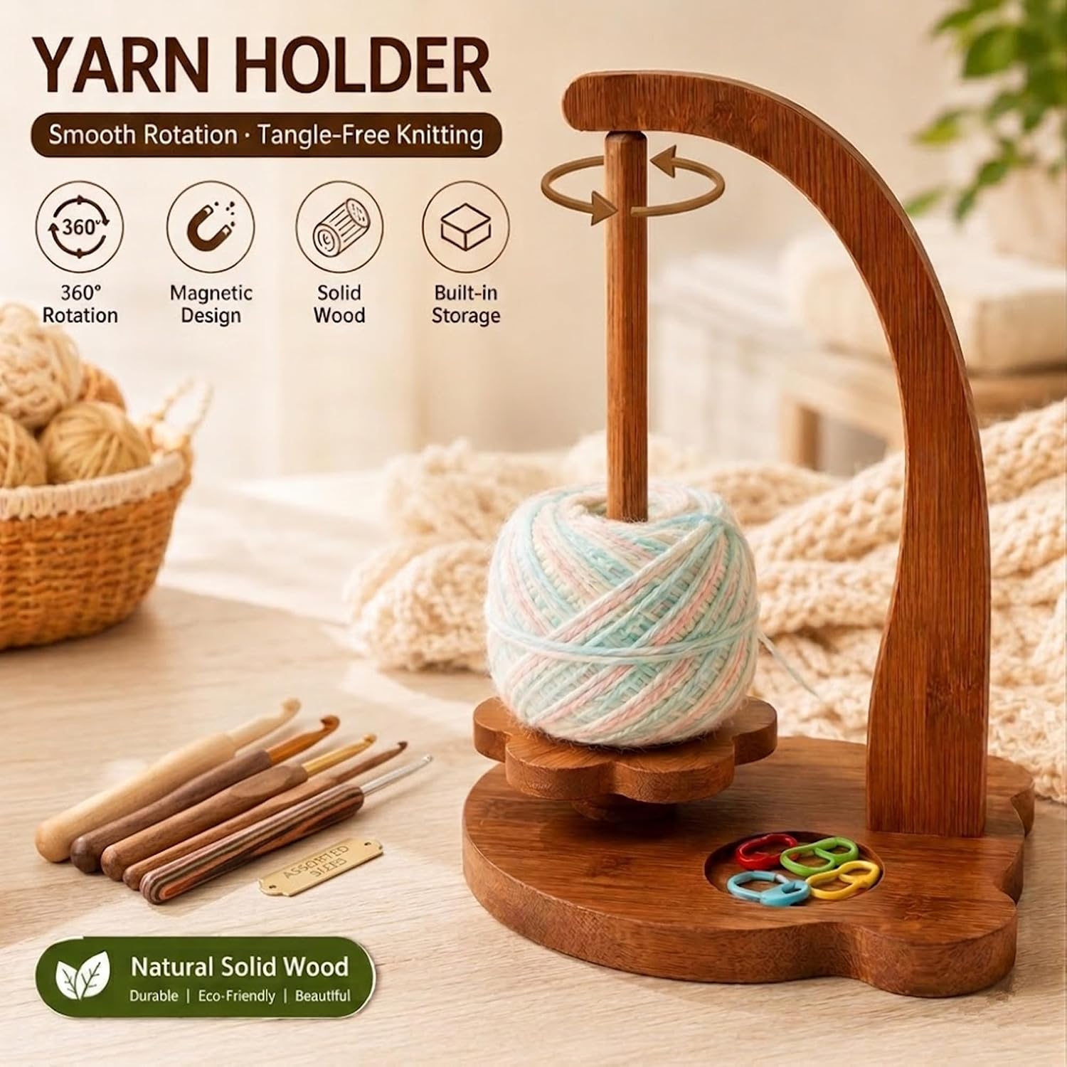 Blingcute Wooden Yarn Holder, 360° Rotating Stand for Crochet and Knitting | Bear-Shaped Yarn Stand, Anti-Tang - view 2