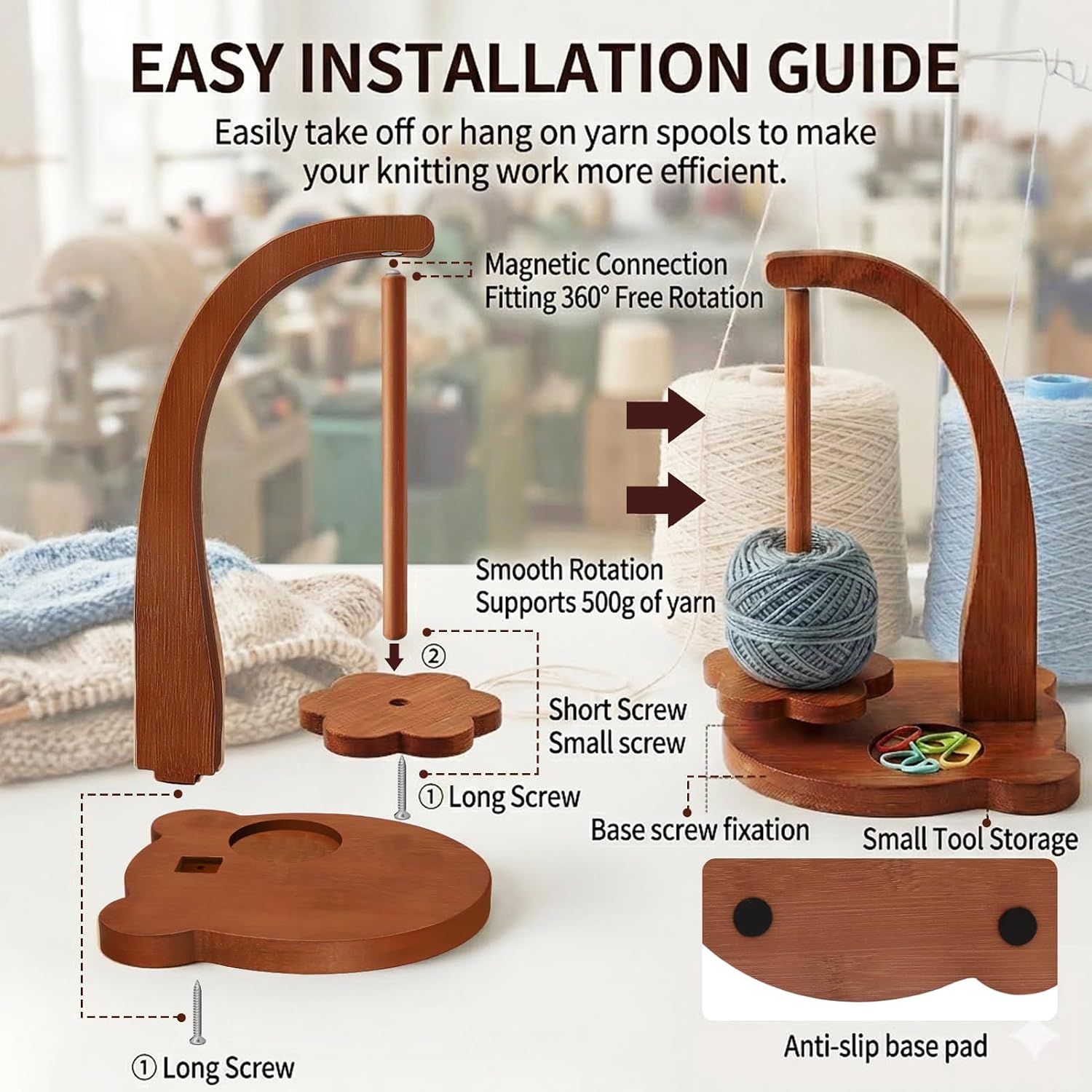 Blingcute Wooden Yarn Holder, 360° Rotating Stand for Crochet and Knitting | Bear-Shaped Yarn Stand, Anti-Tang - view 4