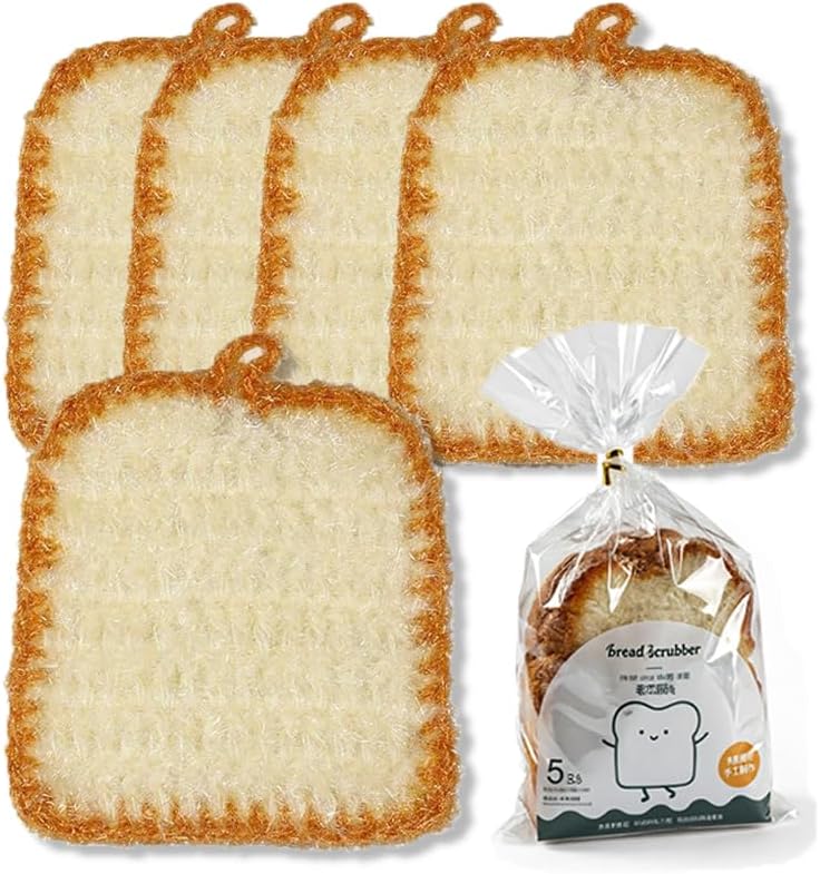 Crochet Scrubbies 5 Pack, Cute Toast Shaped Kitchen Dish Scrubber