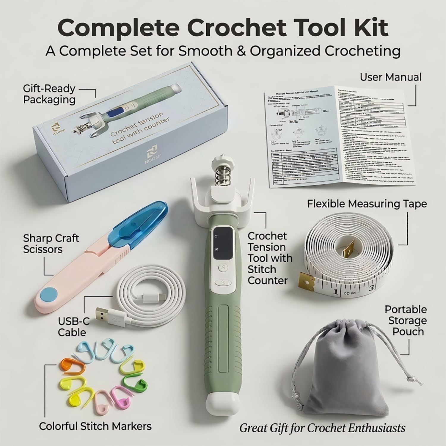 Crochet Tension Tool with Row & Stitch Counter, 2-in-1 Yarn Guide Regulator, Ergonomic for Arthritis Hands & B - view 9