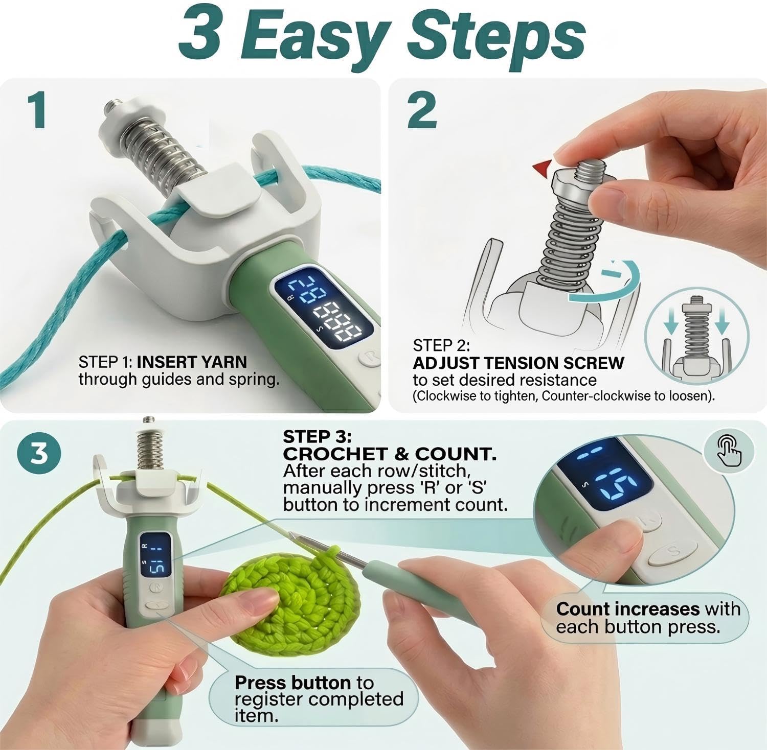 Crochet Tension Tool with Row & Stitch Counter, 2-in-1 Yarn Guide Regulator, Ergonomic for Arthritis Hands & B - view 6