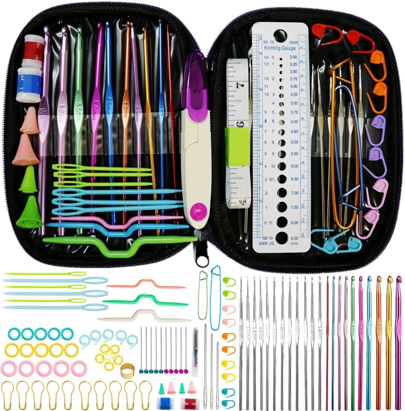 ELINKA Crochet Hooks Set,Crochet Needles for Yarn,102 Pcs Crochet Accessories with Storage Case,Ergonomic Knit