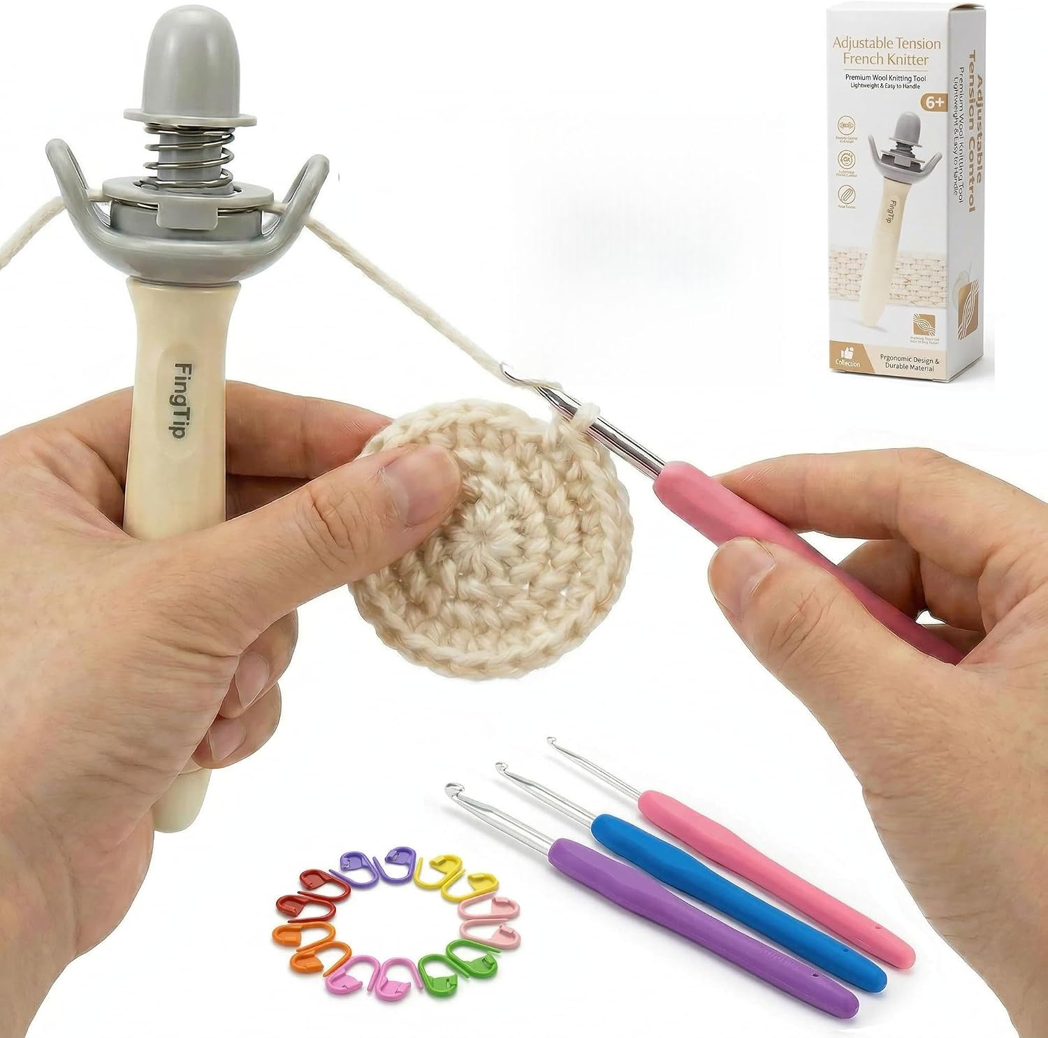 FingTip Crochet Tension Tool Kits for Beginner, Ergonomic Yarn Guide Holder, Comfort Grip Handle for Left & Ri