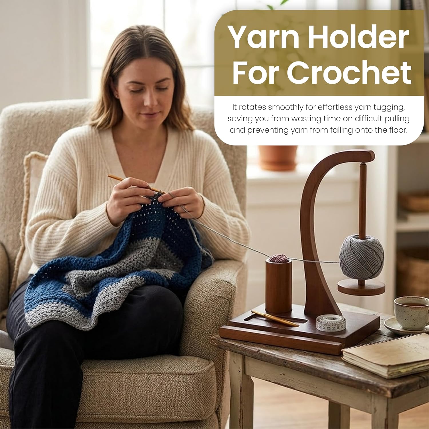 Yarn Holder for Crocheting and Knitting, High Strength Rotating Magnet, Wooden Crochet Yarn Spinner, Mobile Ho - view 3